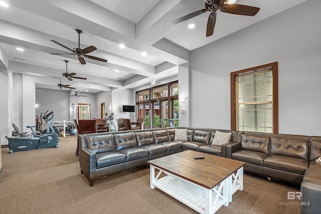1430 Regency Rd Unit C201, Gulf Shores, AL 36542 - living room with ceiling fan, carpet flooring, recessed lighting, healthy amount of natural light, and beamed ceiling