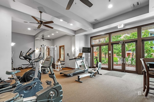 1430 Regency Rd Unit C201, Gulf Shores, AL 36542 - exercise room with a ceiling fan, french doors, recessed lighting, a towering ceiling, and carpet flooring