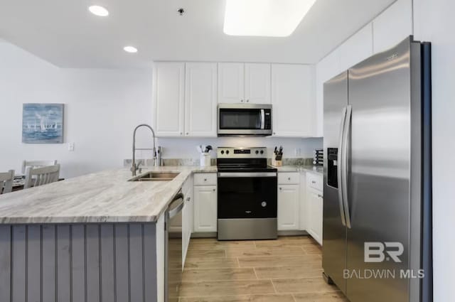 455 E Beach Blvd Unit 807, Gulf Shores, AL 36542 - kitchen with stainless steel appliances, a sink, a peninsula, white cabinets, and wood tiled floors