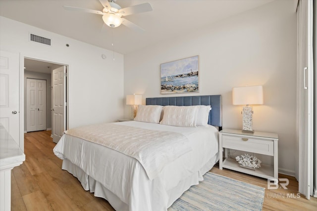 bedroom featuring ceiling fan and light hardwood / wood-style flooring