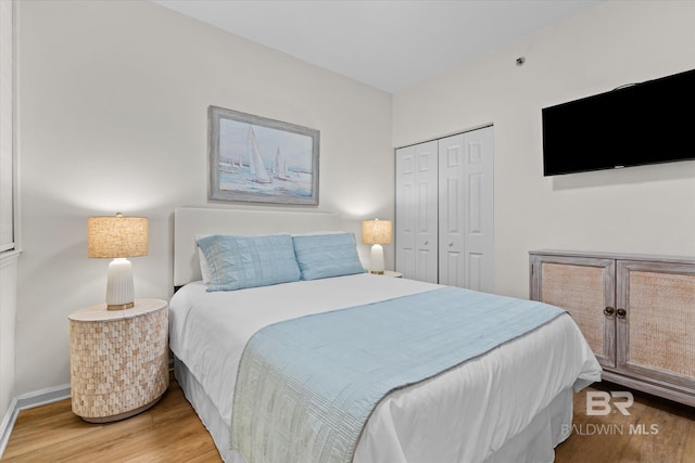 bedroom with hardwood / wood-style flooring and a closet