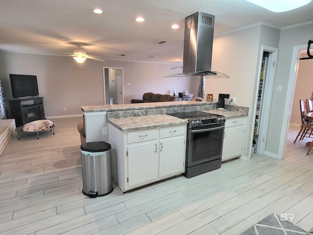 kitchen with white cabinetry, light hardwood / wood-style flooring, black electric range oven, and range hood