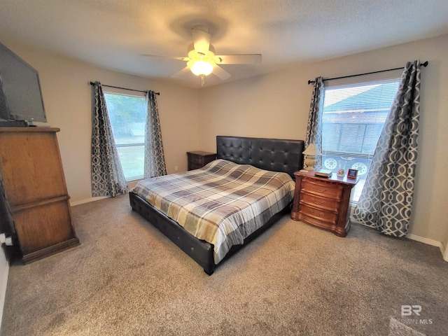 bedroom featuring carpet, ceiling fan, a textured ceiling, and multiple windows