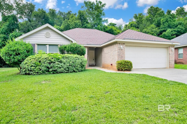 ranch-style house with a garage and a front lawn