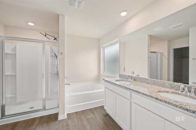 24193 Lanai Ln, Elberta, AL 36530 - full bathroom with a stall shower, wood finished floors, a garden tub, double vanity, and recessed lighting