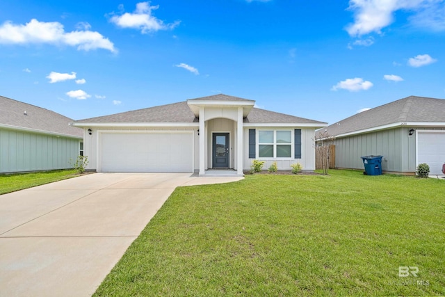 24193 Lanai Ln, Elberta, AL 36530 - ranch-style home with an attached garage, concrete driveway, a front yard, and roof with shingles