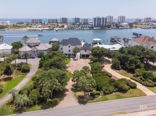 bird's eye view with a water view