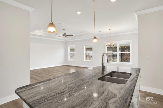 kitchen with dark wood-type flooring, ornamental molding, ceiling fan with notable chandelier, a sink, and a tray ceiling