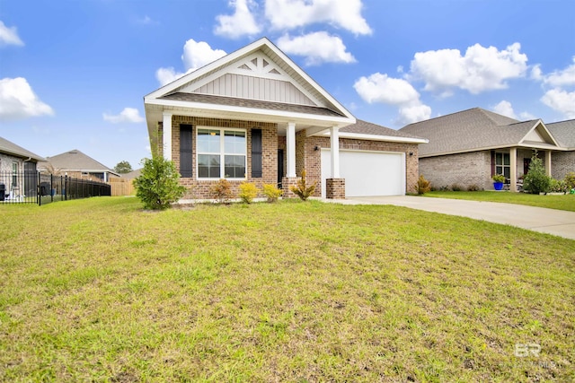 craftsman house featuring fence, driveway, an attached garage, a front lawn, and brick siding