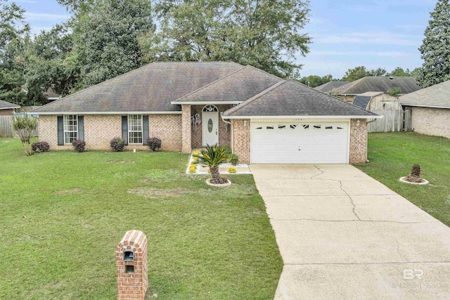 ranch-style house with a front lawn and a garage