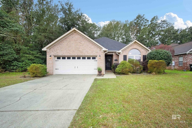 ranch-style house featuring an attached garage, brick siding, concrete driveway, and a front yard