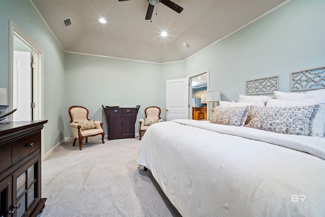 bedroom with light carpet, visible vents, baseboards, a ceiling fan, and ornamental molding