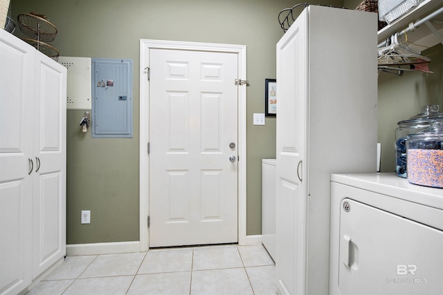 laundry room featuring light tile patterned floors, laundry area, baseboards, electric panel, and washer / dryer