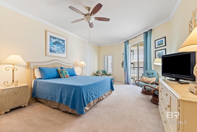 bedroom featuring carpet floors, crown molding, ceiling fan, a textured ceiling, and access to outside