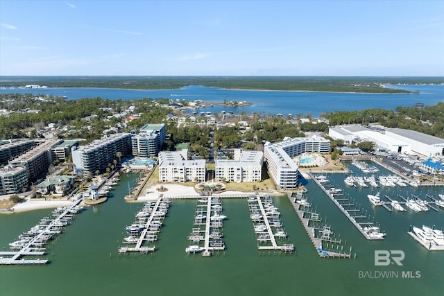 drone / aerial view with a water view