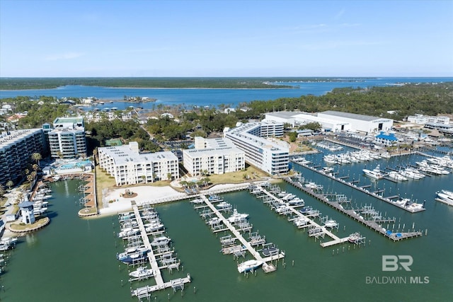 birds eye view of property featuring a water view