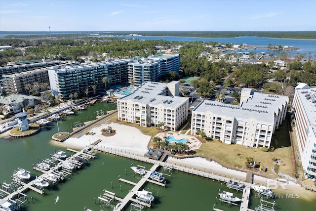 aerial view with a water view and a view of city