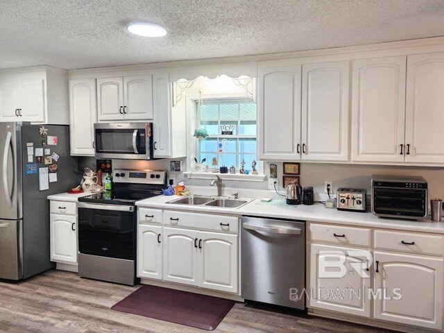 kitchen with light hardwood / wood-style floors, stainless steel appliances, and white cabinets