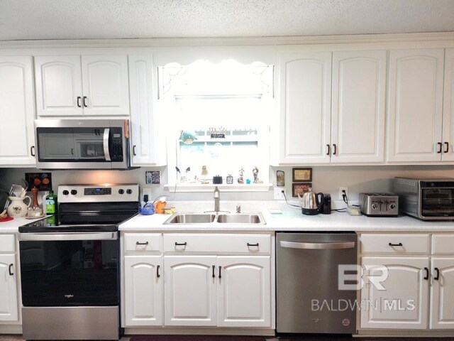 kitchen with sink, stainless steel appliances, and white cabinetry