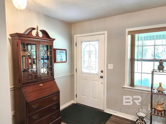 entryway with a textured ceiling and hardwood / wood-style flooring