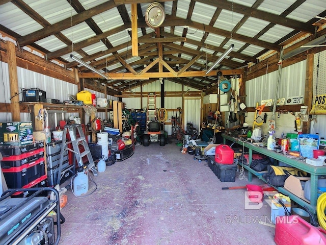 garage with a workshop area