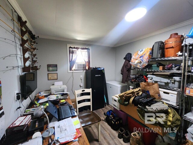 office with hardwood / wood-style flooring and crown molding