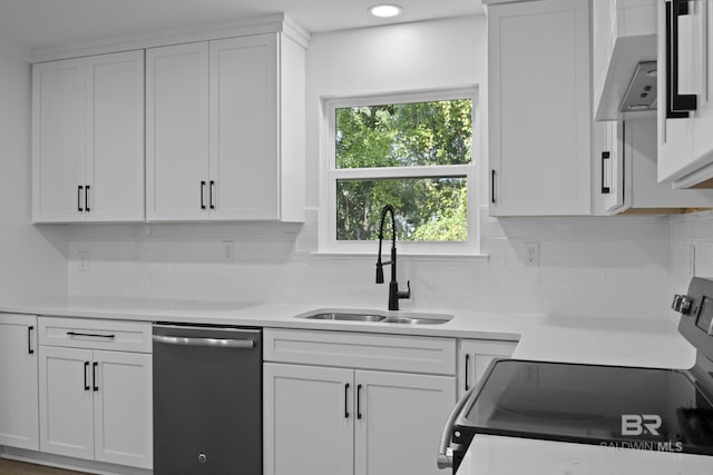 kitchen featuring light countertops, stainless steel dishwasher, and white cabinetry