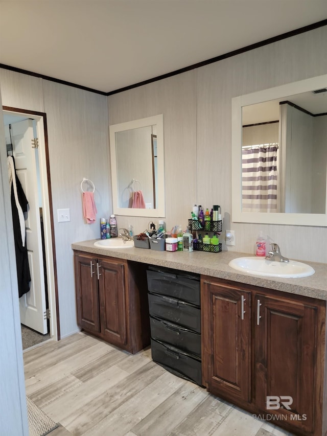 bathroom featuring crown molding, wood-type flooring, vanity, and a shower with curtain