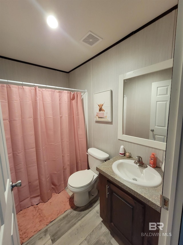 bathroom with hardwood / wood-style floors, vanity, toilet, and a shower with curtain