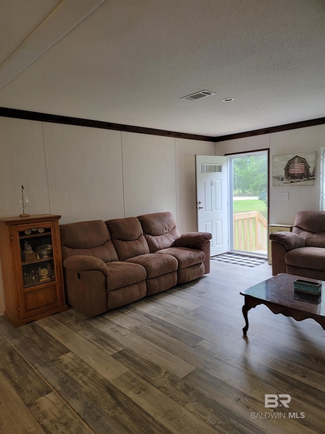 living room with hardwood / wood-style flooring, crown molding, and a textured ceiling