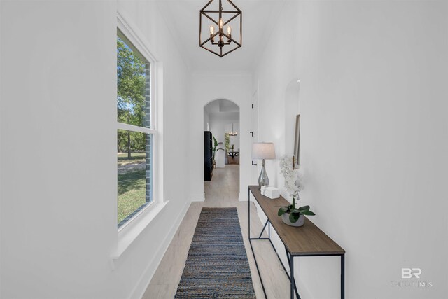 7056 Stone Chase Ln, Gulf Shores, AL 36542 - corridor with an inviting chandelier, arched walkways, and a healthy amount of sunlight