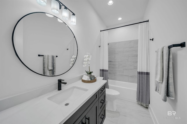 7056 Stone Chase Ln, Gulf Shores, AL 36542 - full bath featuring recessed lighting, marble finish floor, shower / bathtub combination with curtain, toilet, and vanity