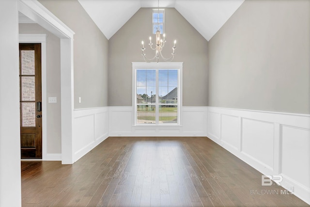 10606 Secretariat Blvd, Daphne, AL 36526 - unfurnished dining area featuring an inviting chandelier, a decorative wall, dark wood-type flooring, wainscoting, and lofted ceiling