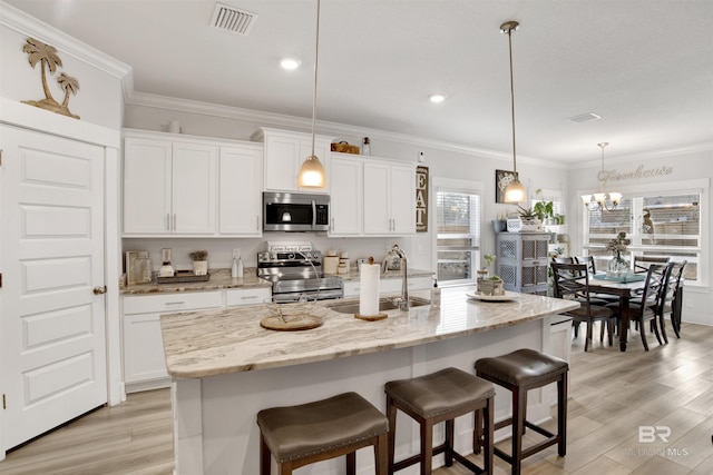 kitchen with stainless steel appliances, sink, a kitchen island with sink, and white cabinets