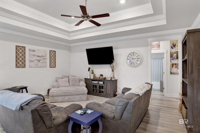 living room featuring a raised ceiling, ornamental molding, and light hardwood / wood-style floors