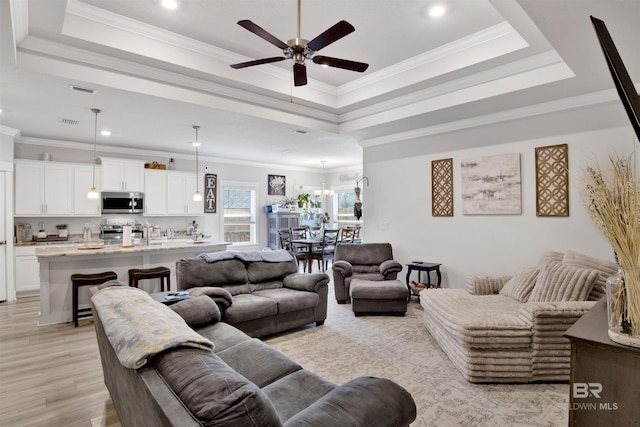 living room featuring light hardwood / wood-style floors, ornamental molding, and a raised ceiling