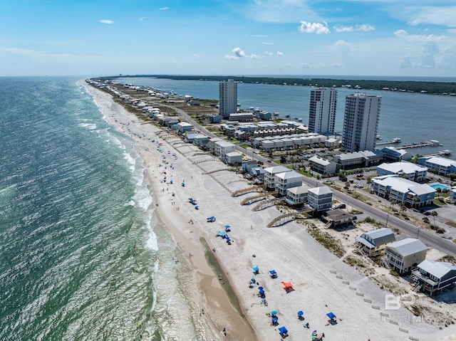 drone / aerial view with a water view and a view of the beach