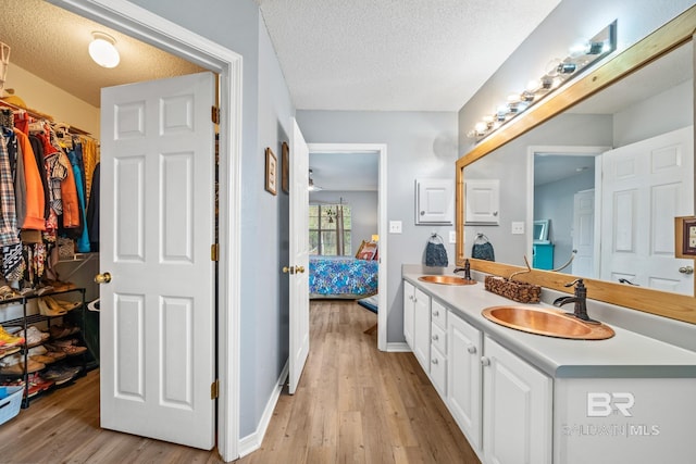 bathroom with a textured ceiling, vanity, and wood-type flooring