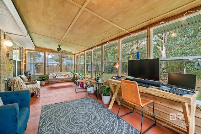 sunroom with plenty of natural light, ceiling fan, and wood ceiling