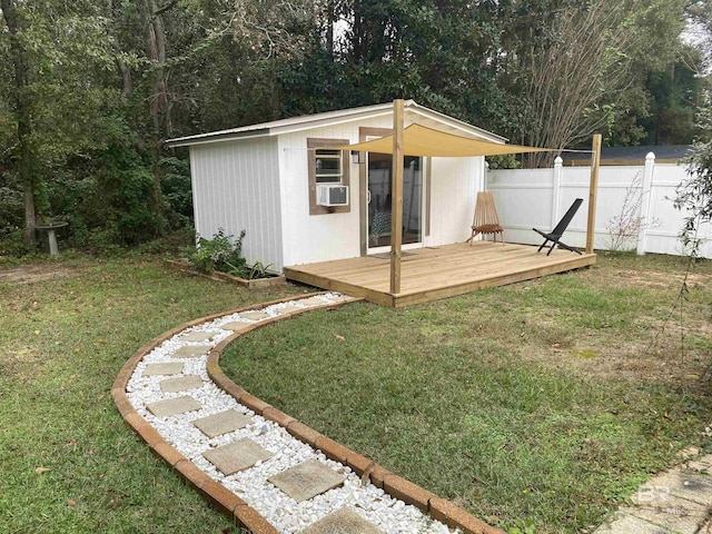 view of outdoor structure with cooling unit and a lawn