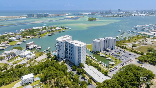 bird's eye view with a water view