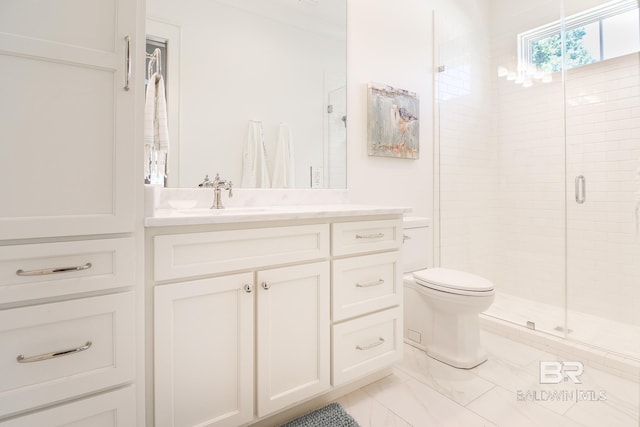 bathroom with a shower with door, toilet, and vanity