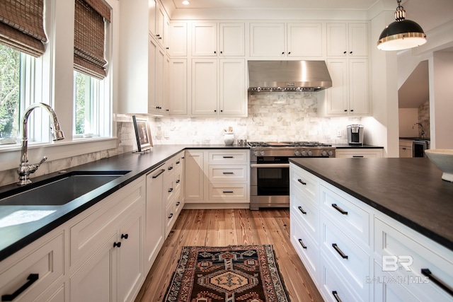 kitchen featuring white cabinets, ventilation hood, high end stove, and sink