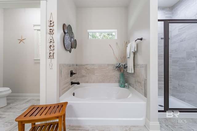 full bath with toilet, marble finish floor, a shower stall, baseboards, and a bath