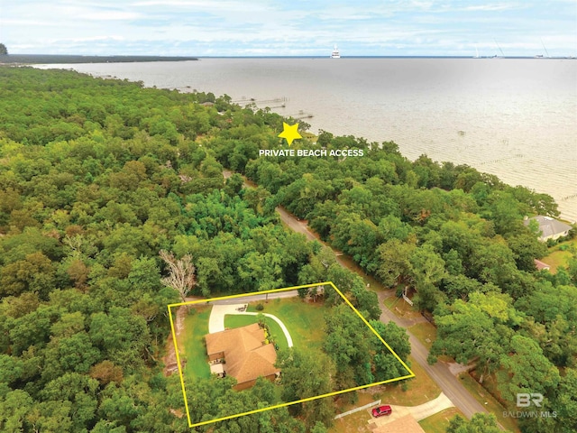 aerial view featuring a water view and a wooded view