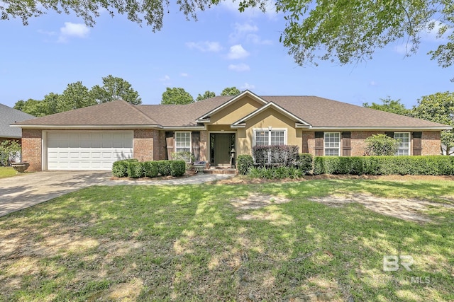 ranch-style house featuring brick siding, a front yard, concrete driveway, and an attached garage