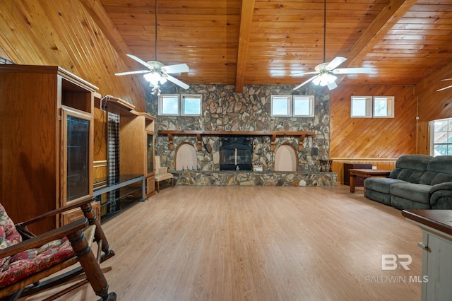 unfurnished living room featuring wood ceiling, ceiling fan, a fireplace, and hardwood / wood-style floors