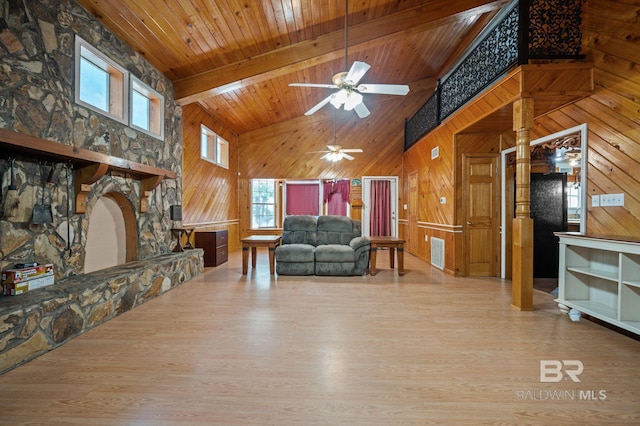 living room featuring beamed ceiling, light wood-type flooring, wooden ceiling, and wooden walls