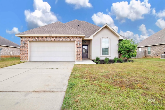 ranch-style house with a front yard, driveway, roof with shingles, an attached garage, and brick siding