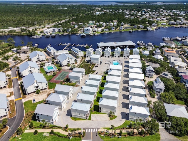 aerial view featuring a water view and a residential view